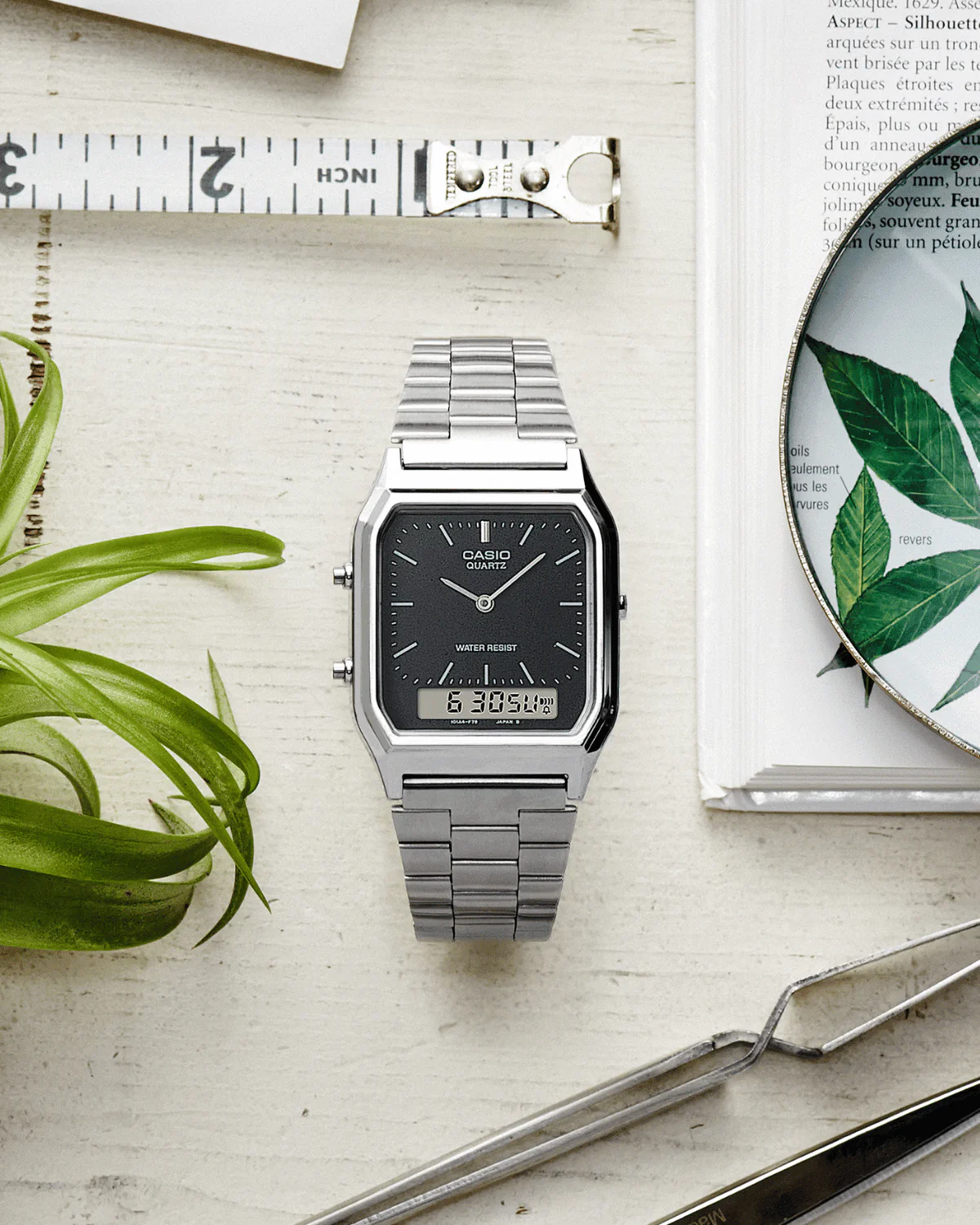 Vintage Silver and Black Stainless Steel Watch AQ230A-1DM - Image 2